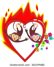 Bright red burning heart love Valentine's day. The two cute monkeys, symbols of the new year, with flowers. In the vector. Card on Valentine's day