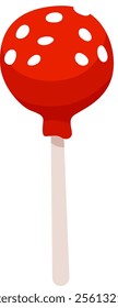 Bright red cake pop adorned with playful white spots on a stick, showcasing a bite taken out, set against a clean white background for a fresh and vibrant look