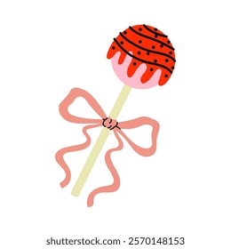 Bright red cake pop with sprinkles and a pink ribbon in a minimalist style