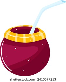 Bright red calabash gourd with straw, traditional yerba mate tea cup. South American cultural beverage vector illustration.