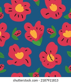 Bright red camellia flowers abstract seamless pattern. floral vector flat illustration for web, site, advertising, banner, poster, board and print