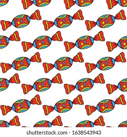 Bright red candies in a wrapper isolated on a white background. Vector hand drawing. Seamless pattern. Texture.