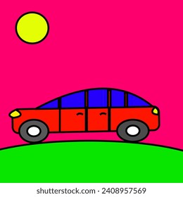 A bright red car on a green grassy field.