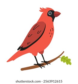 Bright red cardinal perched on a branch among green leaves in a clear setting