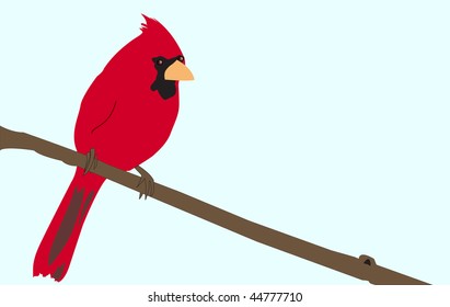 Bright Red Cardinal sitting on a tree branch illustration set against a blue sky background.