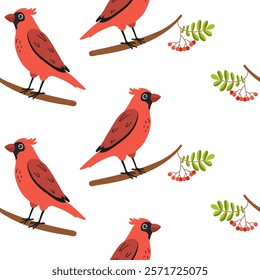 Bright red cardinals perched on branches among green leaves and berries