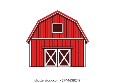 A bright red cartoon barn with white trim and windows, featuring large double doors. Classic farm building vector illustration.