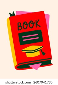 Bright red cartoon book with graduation cap and text, flat graphic style, isolated on light beige background. Concept of education and academic success. Vector illustration