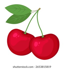 Bright red cartoon cherries with green leaves and stems, shown in a flat, colorful style on white background.