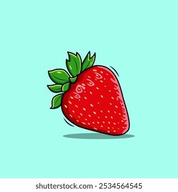 A Bright Red Cartoon Style Strawberry With Lush Green leaves On Blue Background Vector Illustration