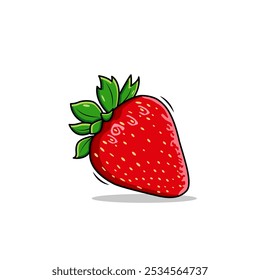 A Bright Red Cartoon Style Strawberry With Lush Green leaves On White Background Vector Illustration