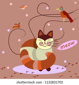 
The bright red cat closed his eyes. Birds fly over his head