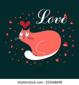 bright red cat in love with hearts on a dark background 