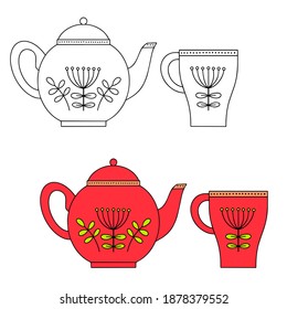 Bright red ceramic teapot and cup. color and linear drawing on a white background.