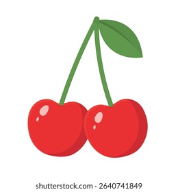 Bright red cherries with green leaf. Flat vector illustration isolated on white background. Perfect for summer designs, packaging, labels, food branding, and seasonal creative projects.