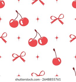 Bright red cherry and bow seamless pattern. Valentines print. Vintage trendy cute girly background. Modern vector print for wrapping paper, holiday decor, packaging, fabric, textile