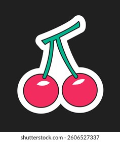 Bright red cherry fruit with green stems in a bold cartoon sticker style, outlined in white, set on a solid black background. Concept of fresh and fun. Vector illustration