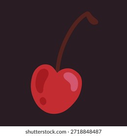 Bright red cherry with glossy highlights on a dark background. Simple fruity icon perfect for valentines day projects, dessert packaging, stickers, menu design and sweet summer branding.