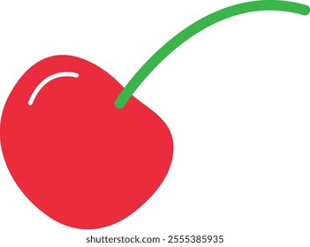 Bright red cherry with a green stem, simple and clean design, ideal for food and drink illustrations or icons.