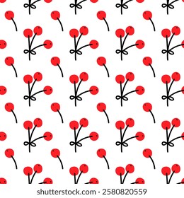 Bright red cherry pattern on white background for textile design and decoration
