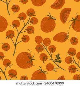 bright red cherry tomatoes on branches and tomatoes on a yellow background without seams. delicious kitchen print with tomatoes