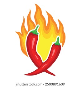 A bright red chili pepper is engulfed in flames, showcasing its fiery nature against a contrasting background.