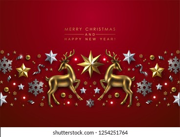 Bright Red Christmas Background with Chic Horizontal Border Made of Gold Stars, Silver Glitter Snowflakes and Glass Reindeer.