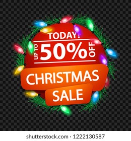 Bright red Christmas discount banner braided with garland