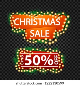 Bright red Christmas discount banners braided with garland