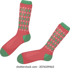 Bright red Christmas socks with the image of green Christmas trees. New Year s warm socks. A piece of clothing with symbols of Christmas and New Year. Warm clothes, vector illustration