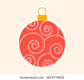 Bright red Christmas tree bauble or ball decorated with swirls for the holiday season over a pastel background, colored vector illustration