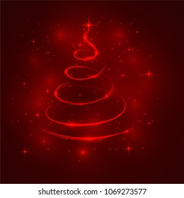 Bright red Christmas tree outline with shiny lights and stars. Vector EPS10 illustration.