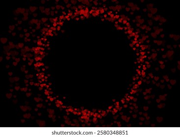 Bright red circle frame made of small hearts. Valentines Day abstract background. Vector greeting card shiny design