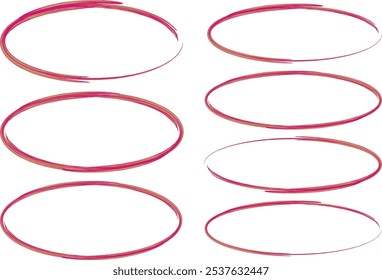 bright red color circle stroke doodle ellipses set vector