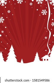 Bright red, colorful, beautiful background with white snow, Christmas trees and a small house with smoke from a chimney. Space for your text will help to make a greeting card or poster.
