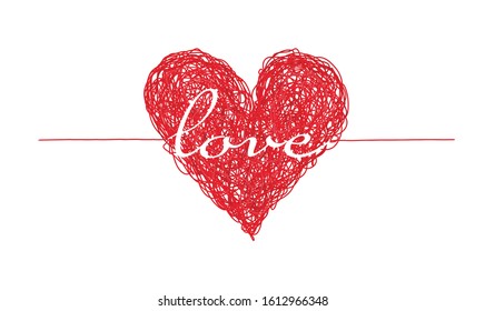 Bright red complicated lined heart with love word, mess of multicolor lines, chaos of feelings concept. Lovely symbol of two people connection for Valentines greeting card design, banner decoration