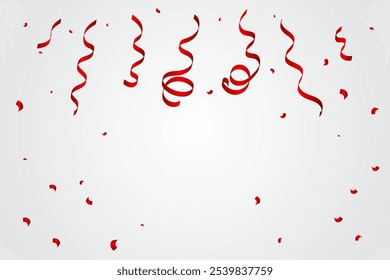 Bright Red Confetti And Ribbon Falling On White Background. Celebration And Happy Birthday. Party Wallpaper. Vector Illustration