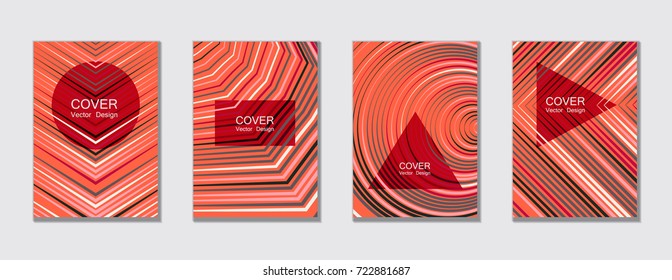 Bright red cover templates for poster, brochure. Geometric shape, halftone lines pattern. Trendy vector brochure templates set, minimal line geometric backgrounds, educational covers.