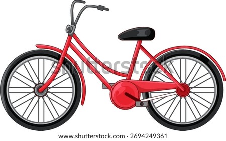 Bright red cruiser bicycle in clean vector style, side profile, bold outlines, minimal shading