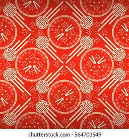 Bright red decorative seamless pattern in china style. Complicated mosaic repeatable backdrop. Contemporary decor. Hieroglyph translation: Chinese New Year of the Rooster 2017