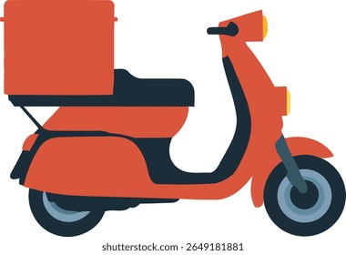 A bright red delivery scooter vector illustration, viewed from the side, equipped with a large rear storage box. This flat design graphic is ideal for showcasing modern urban food delivery