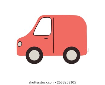 Bright red delivery van with simple design parked on a white background in a minimalistic style