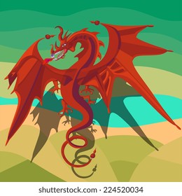 Bright red dragon flying over the fields and river