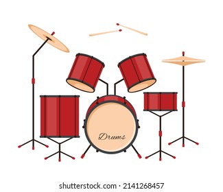 Tambor rojo brillante con tambores de madera aislados en un fondo blanco. Icono de tambores instrumento musical. Ilustración vectorial en estilo plano o caricatura.