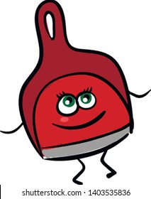 A bright red dustpan which seems to be happy, vector, color drawing or illustration.