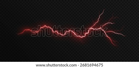 Bright red electric lightning with a glowing plasma effect. Realistic vector lightning effect.