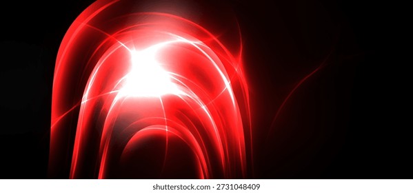 Fluye energía roja brillante, formando arcos. La luz intensa irradia desde el centro, contrastando el fondo oscuro. Efecto visual dinámico y moderno.