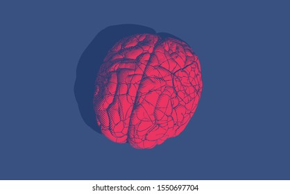 Bright red engraved vintage drawing cracked human brain glyph illustration style isolated on deep blue background