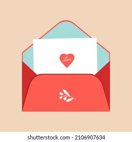 Bright red envelope on an isolated beige background. An open envelope with a letter in a flat style. Letter - template with a heart for Valentine's Day or wedding day