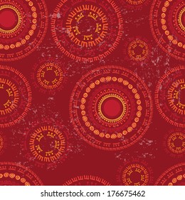 Bright red ethnic seamless pattern. All vintage wear located on a separate layer, and if you wish, you can easily remove them